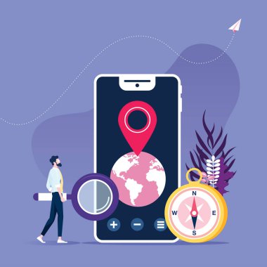 Akıllı telefonu ve mobil navigasyon uygulaması olan bir iş adamı, hedef nokta şifresi