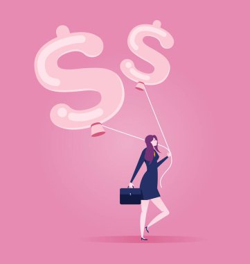 İş kadını dolar şeklinde bir balonla gider - iş ve finans kavramı.