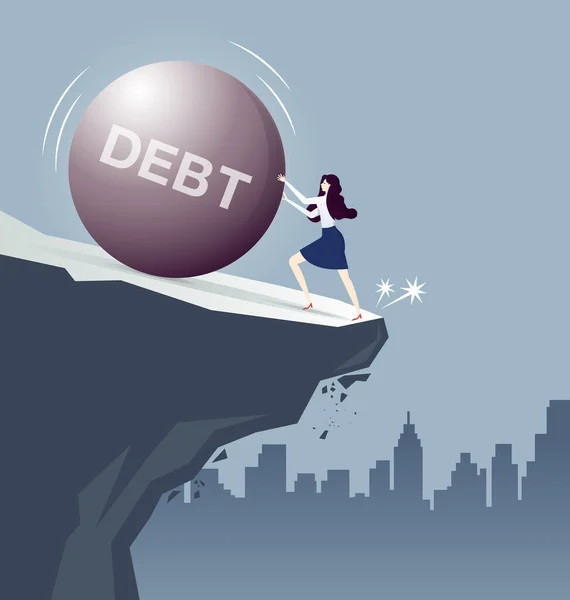 Empresária Lutando Bola Ferro Dívida Quase Caindo — Vetor de Stock