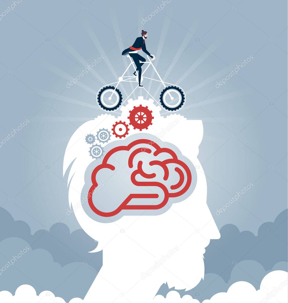 Businessman riding a bike with gears on head. Business concept vector
