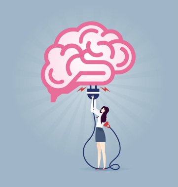 Fikir beyni ya da bulut hesaplama konsepti, beynine elektrik prizi takılı iş adamı illüstrasyon.