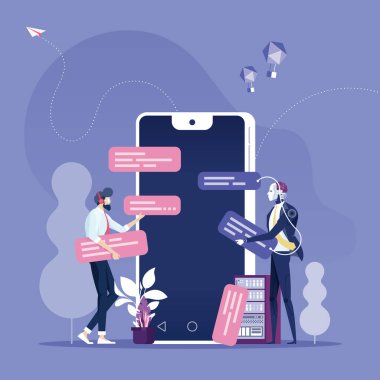 Sohbet robotu konsepti. İş adamı akıllı telefondan sohbet robotuyla konuşuyor.