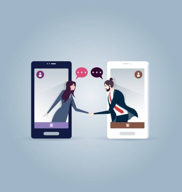 Akıllı bir telefonun içindeki iki iş adamı el sıkışma konsept vektörüyle buluşuyor.