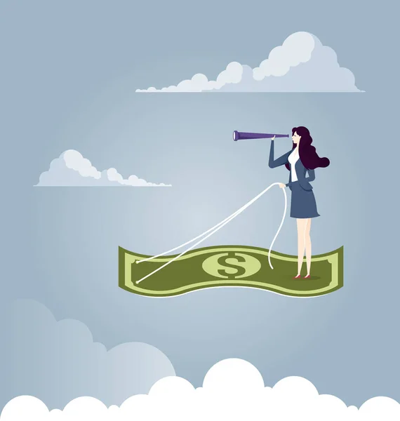Direction Businesswoman Flying Using Banknote Business Vector Illustration — Stock Vector