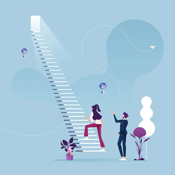 Kadını Başarı Kariyeri Kavramı Için Merdivenleri Tırmanmaya Başladı — Stok Vektör