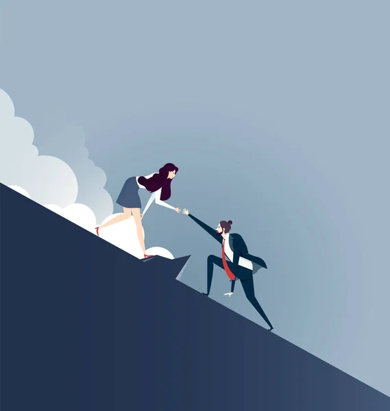 Üzletemberek Felmásznak Hegy Tetejére Vezető Segít Csapatnak Felmászni Sziklára Elérni — Stock Vector