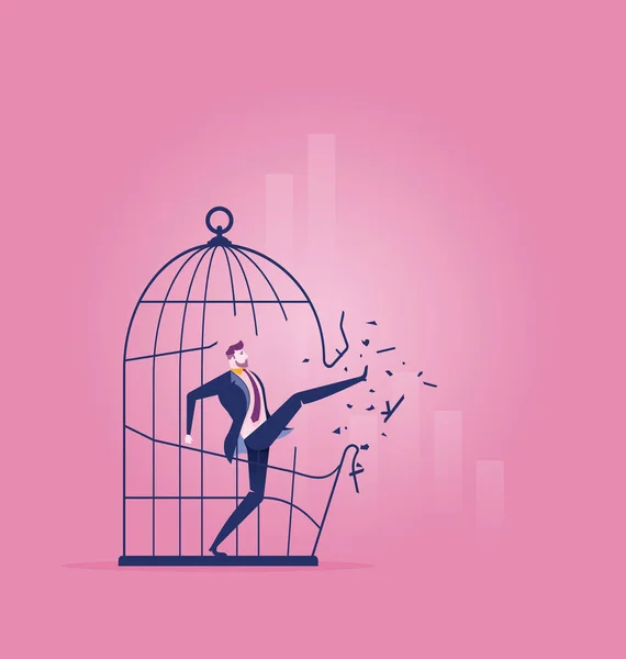 Απαγορευμένη Και Ελευθερία Επιχειρηματίας Ξεσπάσει Μεγάλο Κλουβί Πουλιών Business Concept — Διανυσματικό Αρχείο