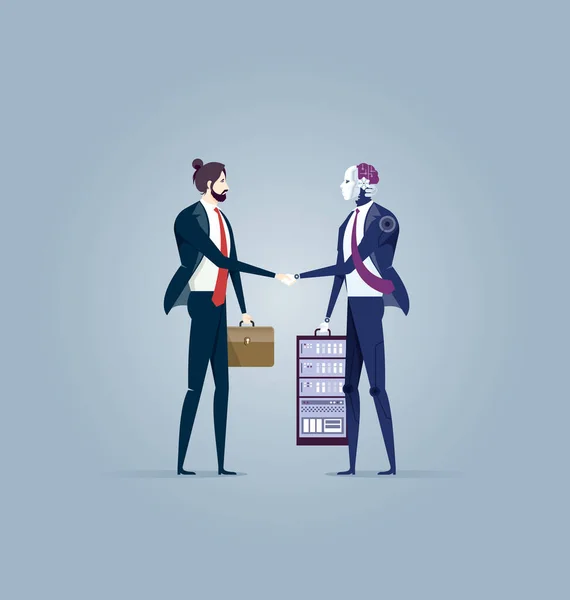 İş adamıyla robot tokalaşması olan yapay zeka vektör kavramı. Gelecekteki işbirliğinin sembolü, teknoloji ilerlemesi, yenilik. 