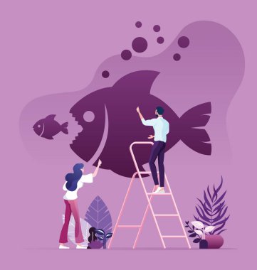 Büyük balık çizen iş adamları duvarda küçük balık yerler.