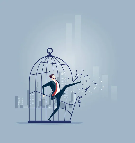 大きな鳥かごを壊すビジネスマン ビジネスコンセプトベクトル — ストックベクタ