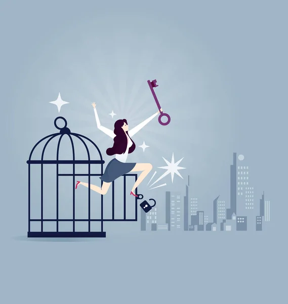 Businesswoman Key Free Herself Cage — Stock Vector