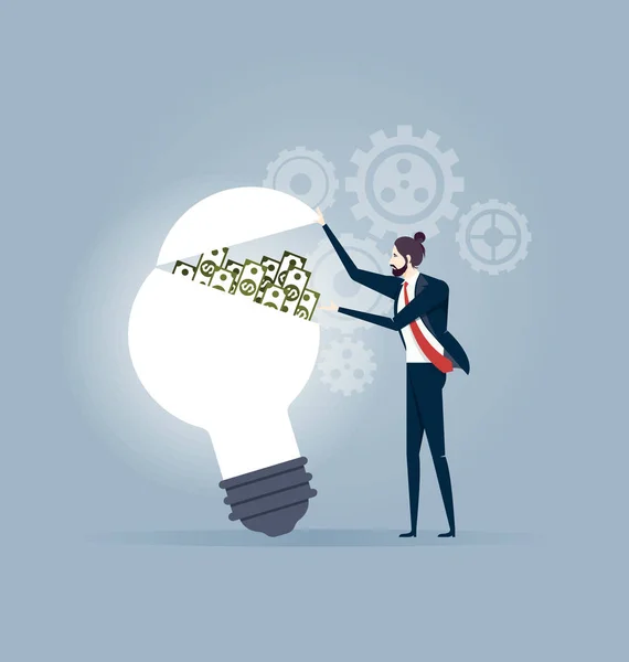 Idea Make Money Businessman Opening Lightbulb Full Money Business Concept — Stock Vector
