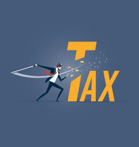 Снижение Налогов Бизнесмен Сократил Налоговые Слова Мечом — стоковый вектор