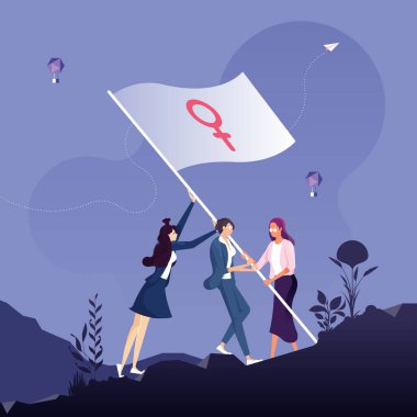 Kadın iktidarı ve feminizmi bir arada duran ve bayrağı Venüs işareti ile sallayan bir kadın grubu.