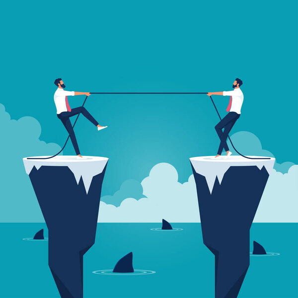 Business competition challenge vector illustration concept, two businessmen pull rope at edge of cliff 