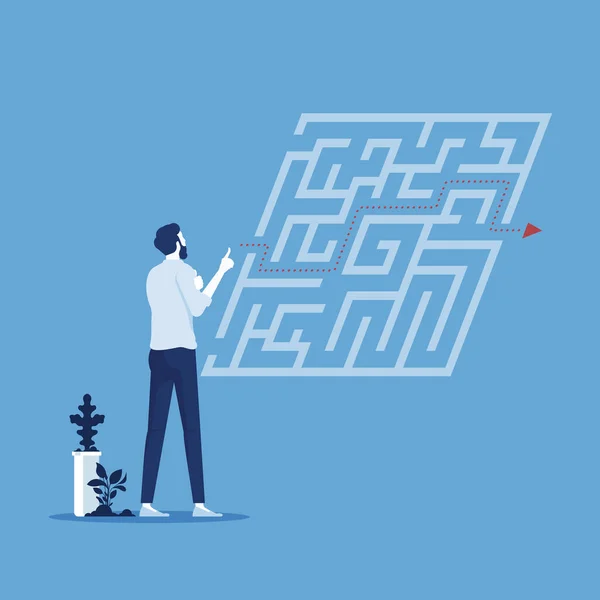 Businessman Standing Front Labyrinth Trying Find Way Out Overcoming Business — Stock Vector