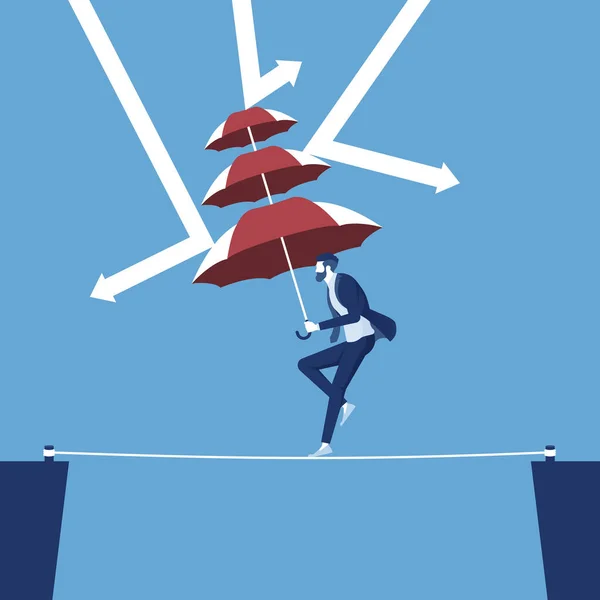 Üzletember Átkelés Szakadék Egy Magas Kötélen Tartja Esernyő Védi Magát — Stock Vector