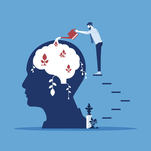 Бизнесмен поливает растущее растение из мозга как метафору роста личности, личностного роста, мышления позитивно 