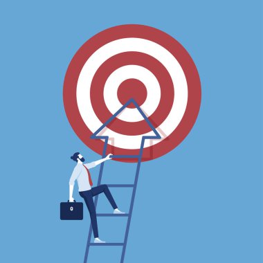 Hedef illüstrasyon, başarı, meydan okuma, kariyer ve liderlik kavramına ulaşmak için merdivenleri tırmanan işadamı