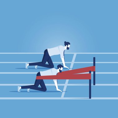 İş konsepti rekabet ve iş avantajı, iş adamı yarış pistinde mancınık sapanla başlangıç çizgisinden koşmaya hazır