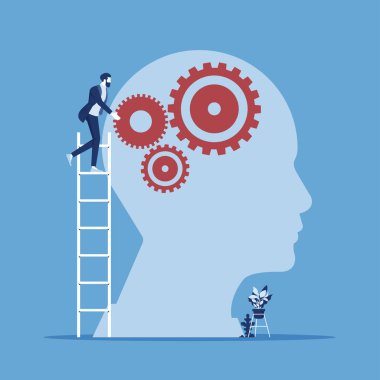 İş dünyası, insan beyni ve iş adamı dişli fikri, çarklı bağlantı, takım çalışması, zihin kontrolü, beyin konseptini geliştirme