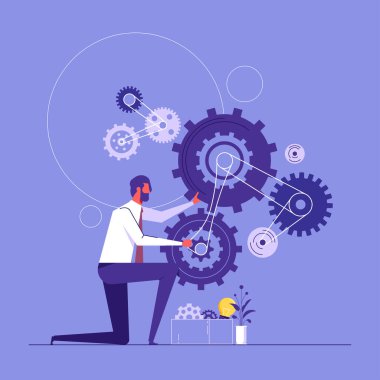Problemi çözmek için iş çözümü, uzmanlık ve beceri, iş bölümü stratejisini bağlamak için liderlik, işadamı onarım teçhizatı veya çarkın iyi çalışması, işletme yönetimi ve çalışma süreci
