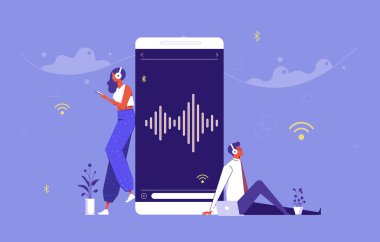 Erkek ve kadın akıllı telefonlarıyla müzik dinliyorlar, online müzik eğlencesi kavramı.