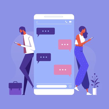 Sohbet mesajları akıllı telefon, cep telefonu ekranında Sms. Erkek, kadın, sohbet, sohbet uygulaması ya da sosyal ağ kullanarak mesajlaşma. İki kişinin cep telefonu konuşması mesaj gönderiyor
