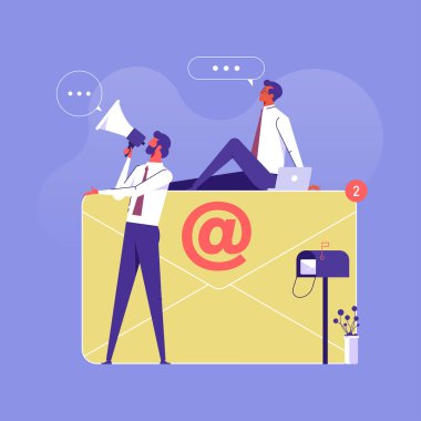 E-posta reklam kampanyası, e-pazarlama, hedef kitleye e-posta ve düz vektör konseptiyle ulaşmak