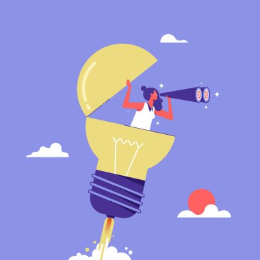 İş fırsatları, yeni çözüm ya da fikir keşfetme vizyonu için yaratıcılık, iş kadını iş vizyonunu görmek için dürbün kullanarak ampul fikrini açıyor