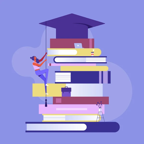 Eğitim ya da akademik, iş fikri, beceri ve bilginin yaratılmasına yardım ederek yaratıcılık kavramını güçlendirir, iş kadını mezuniyet şapkasına ulaşmak için kitap yığınına tırmanır