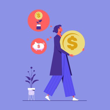Para biriktirme ve yatırım yapma kavramı, elinde büyük bir para tutan kadın ve tasarruf ile yatırım arasında seçim yapan kadın, gelecek finansal planlaması.