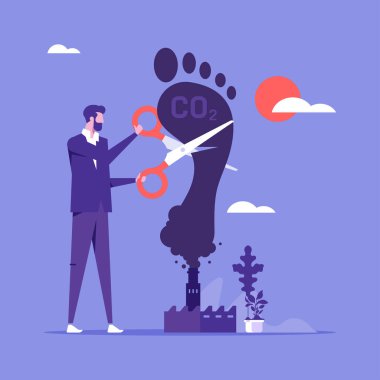 Küresel ısınma ve çevre kurtarma planı kavramı, karbon ayak izi ve kirlilik üretiminin azaltılması, fabrikadan CO2 'nin ayak izi dumanını kesen iş adamı