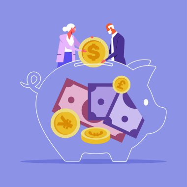 Emeklilik tasarruf konsepti, Yaşlı çift pembe kumbaraya bozuk para topluyor, emekli olduktan sonra mutlu bir hayat ve finansal özgürlük için tasarruf yapıyor.
