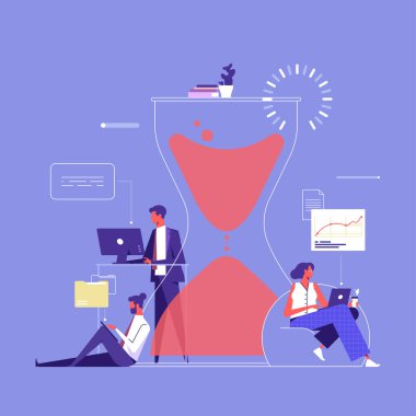 İnsanlar ve büyük kum saati düz vektör çizimi, takım laptoplar, zaman yönetimi ve iş konseptiyle birlikte çalışıyor