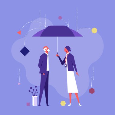 İnsanlar şemsiye altında. Hayat sigortası kavramı, seyahat veya tatil için sağlık ve yaşamın korunması, sağlık ve sağlık hizmetleri