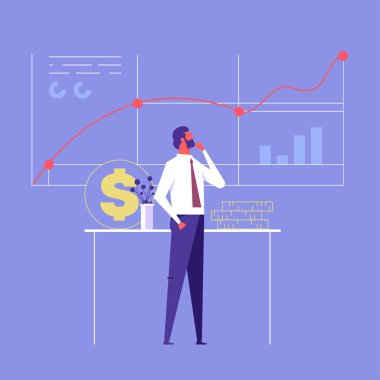 Yatırım para kavramı adamım büyüyen grafik, analiz verileri ve yatırım stratejisi ile gelir büyümesi planlıyor