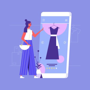 Mobil online alışveriş, kadın çevrimiçi mağazalardan elbise alıyor, sosyal ağlardan telefon üzerinden alışveriş yapıyor, çevrimiçi alışveriş ve teslimat hizmeti kavramı