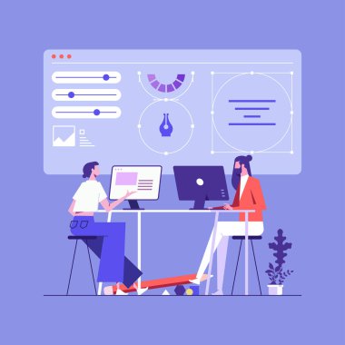 Web tasarım stüdyosu veya yaratıcı ekip dizüstü bilgisayarlar üzerinde çalışıyor ve yeni proje, web tasarım süreci konsepti, yaratıcıların işbirliği hakkında tartışıyorlar