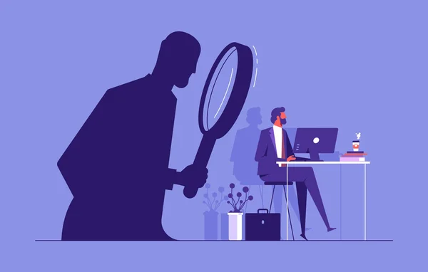 person sitting on a computer in his office while a stalker is watching him from the shadow without being notice