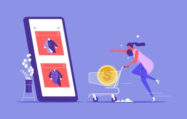İnternetten alışveriş. E-ticaret ve online alışveriş. Kadın alışveriş arabasıyla çevrimiçi dükkana koşuyor, düz vektör illüstrasyonu.