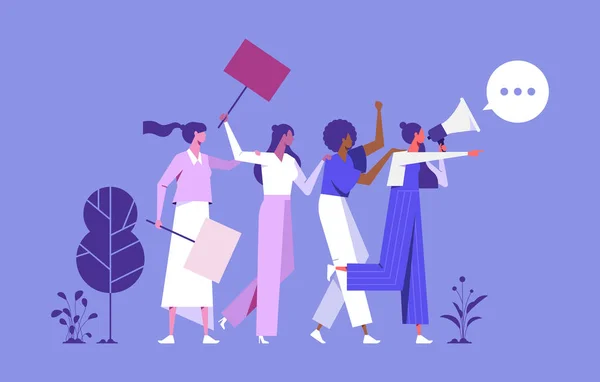 Illustration Walking Women Loud Speaker Fighting Rights Equality Violence Discrimination — Image vectorielle