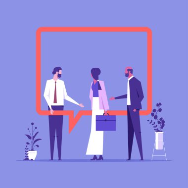 Productive dialogue or conversation between man and woman. Art of business and corporate communication between coworkers, manager and team. People or couple talk or have lively discussion in office clipart