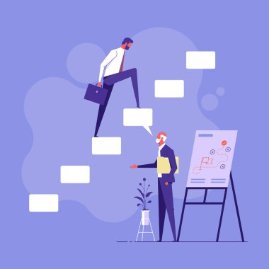 İş sorununu çözmek için uzman tavsiyesi ya da koç, profesyonel danışman ya da çözüm verme kavramını destekleyen, konuşma baloncuğu konusunda uzman iş adamı başarı merdivenlerini bağlamaya yardım eder