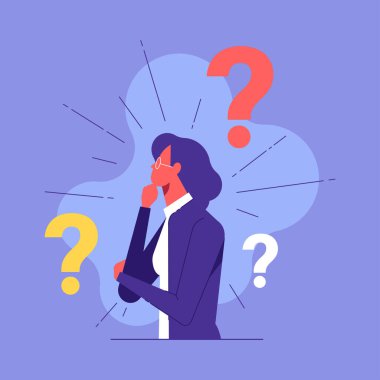 Person having a question. A female character, standing in a pensive pose, holds her chin and question marks above her head