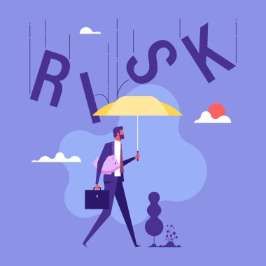 Property and capital insurance, man with umbrella stands over piggy bank, metaphor for protecting against risk of losing saving, cartoon flat vector illustration, fund safety from financial crisis concept
