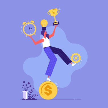 Businesswoman balancing some business action icons as business strategy. Business concept vector illustratio