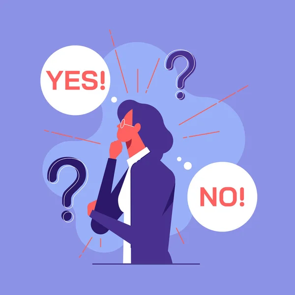 Woman Standing Confusedly Choose Yes Can Make Decision Flat Style — 스톡 벡터