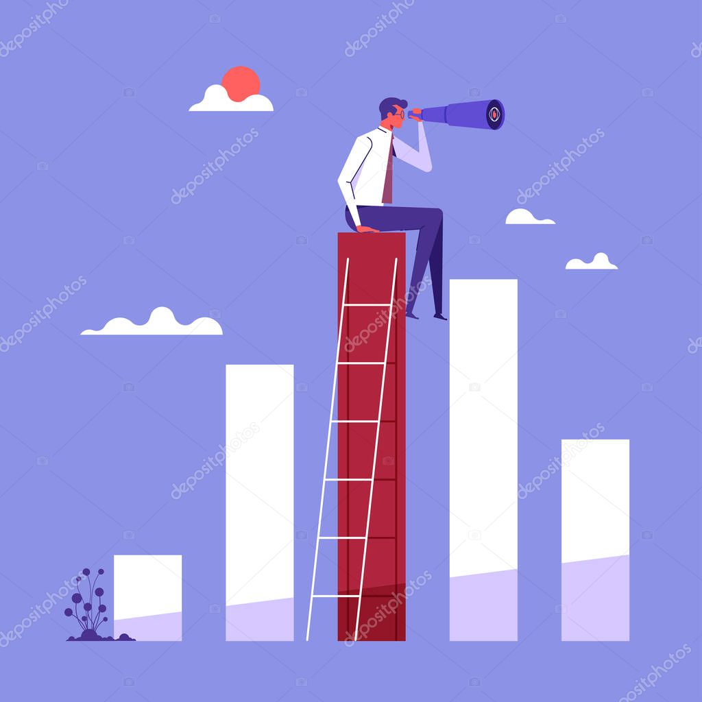 Business vision or visionary concept with businessman sit on financial bar graph with binoculars, looking through into the future