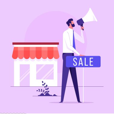 Vector illustration, flat style, various shops, discounts, purchase of goods and gifts, investing in real estate, shopping concept vector